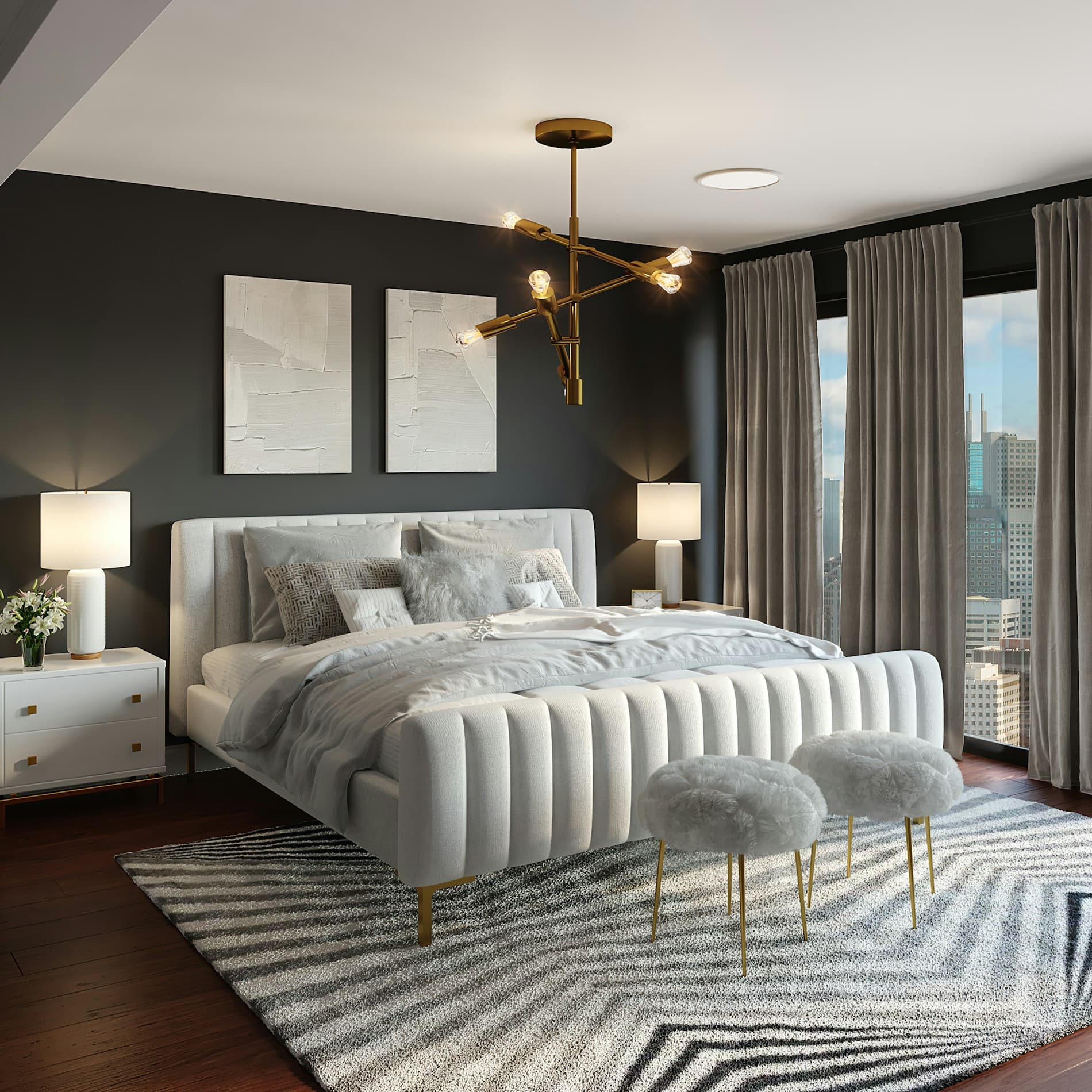 Elegant channel-tufted bed against a charcoal wall with warm gold accents