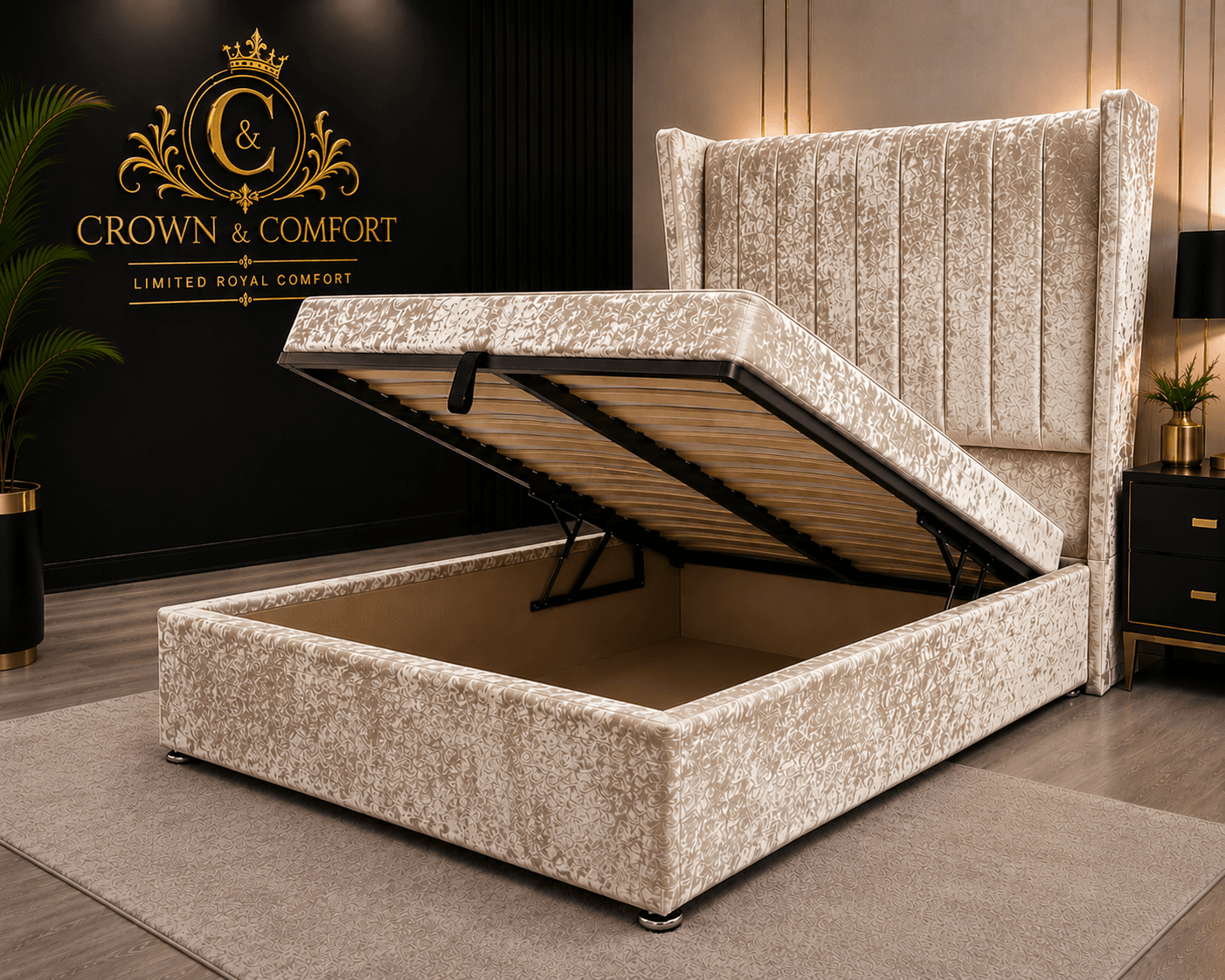 The Crownova Signature Crushed Velvet Wingback Bed