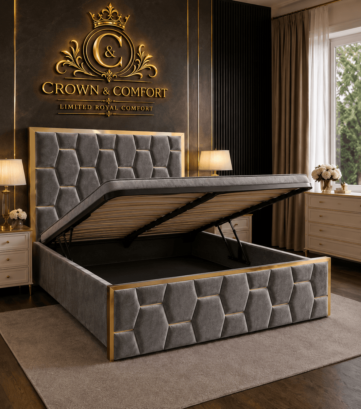 The Crownova Geometric Ottoman Storage Bed