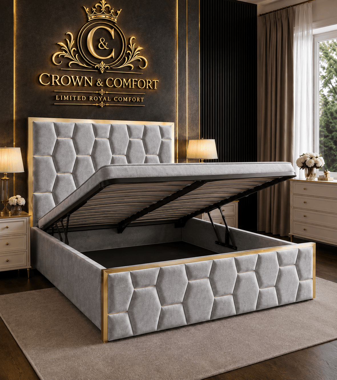 The Crownova Geometric Ottoman Storage Bed