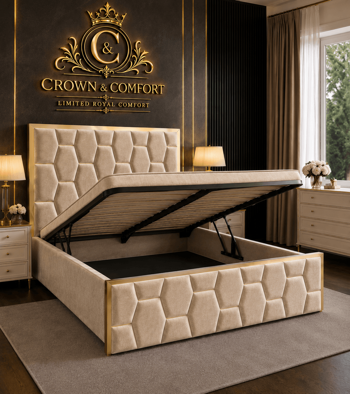 The Crownova Geometric Ottoman Storage Bed