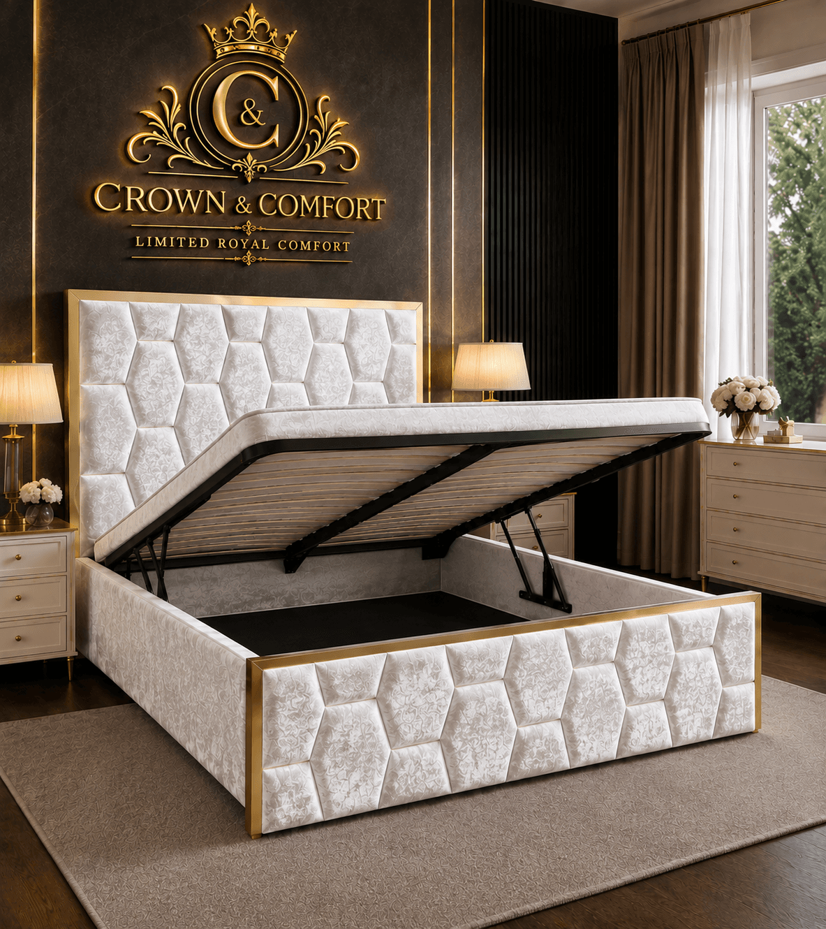 The Crownova Geometric Ottoman Storage Bed