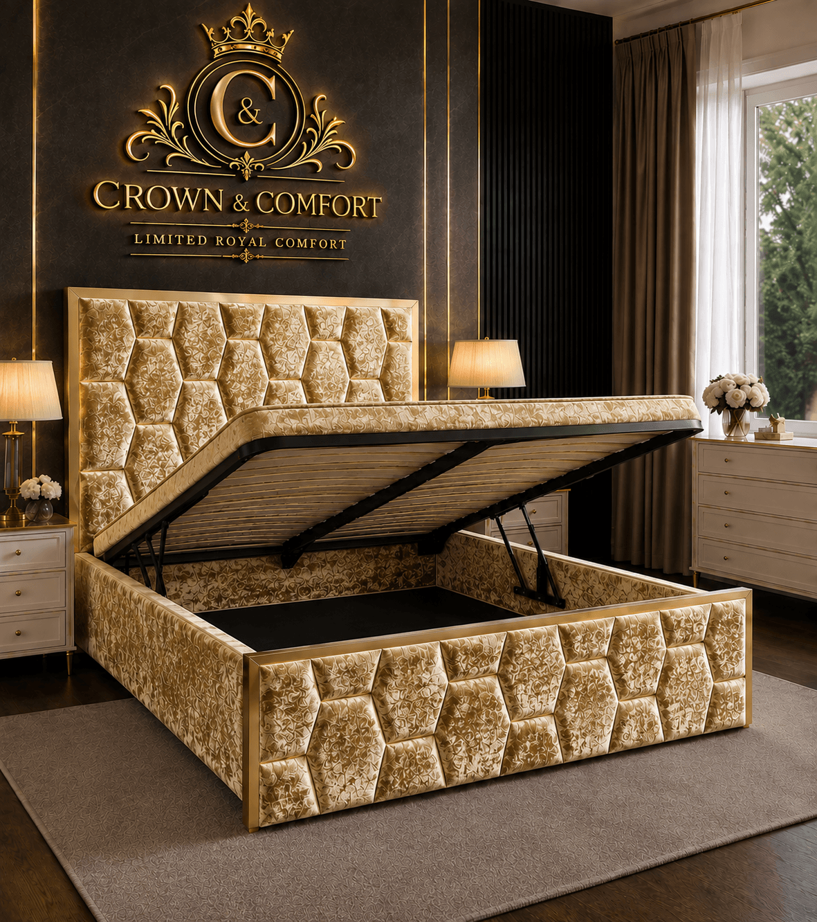 The Crownova Geometric Ottoman Storage Bed
