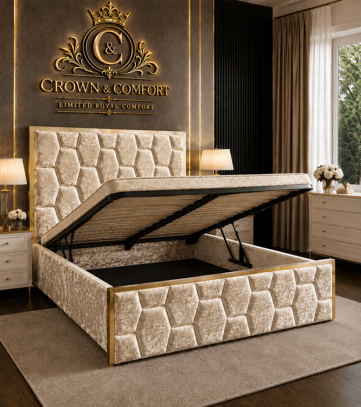 The Crownova Geometric Ottoman Storage Bed