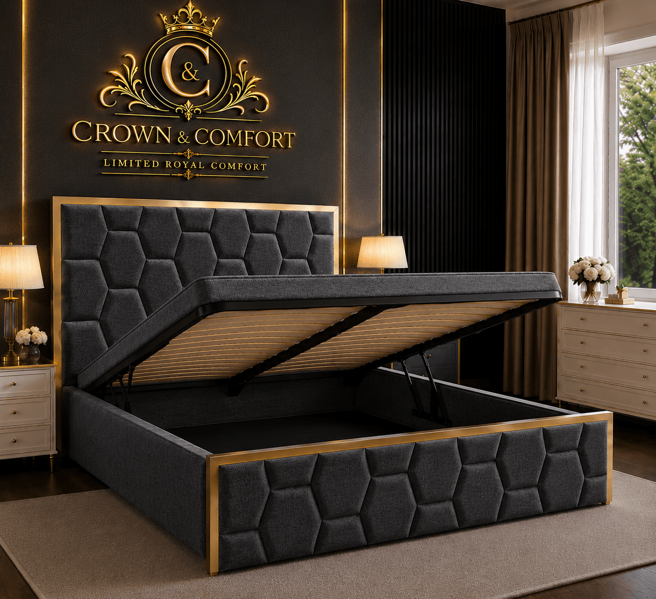 The Crownova Geometric Ottoman Storage Bed